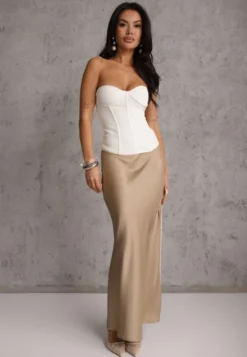 Beżowa Satynowa Spódnica Maxi High Waist Formia