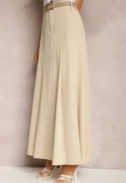 Beżowa Spódnica Długa Rozkloszowana High Waist Leoraia