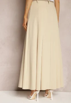 Beżowa Spódnica Długa Rozkloszowana High Waist Leoraia