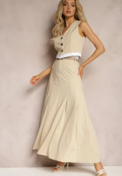 Beżowa Spódnica Długa Rozkloszowana High Waist Leoraia