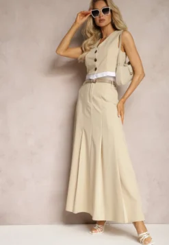 Beżowa Spódnica Długa Rozkloszowana High Waist Leoraia