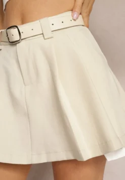 Beżowa Spódnica Plisowana High Waist o Rozkloszowanym Kroju z Paskiem Vimarae