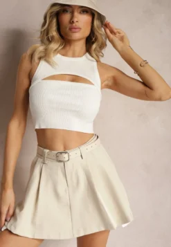 Beżowa Spódnica Plisowana High Waist o Rozkloszowanym Kroju z Paskiem Vimarae