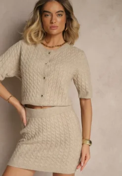 Beżowa Spódnica Sweterkowa z Wełną High Waist Selzeki