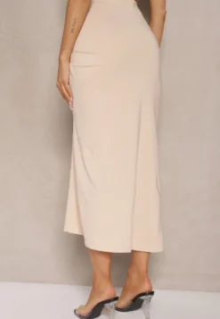 Beżowa Spódnica z Wiskozą High Waist Marszczeniem i Wiązaniem Tesainea