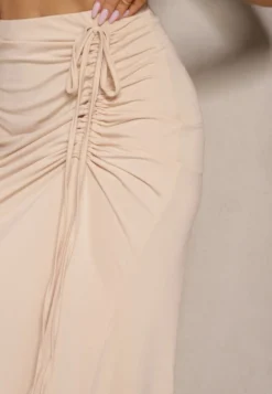 Beżowa Spódnica z Wiskozą High Waist Marszczeniem i Wiązaniem Tesainea