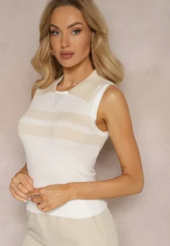Beżowa Top w Paski w Sweterkowym Stylu ze Ściągaczem Ertiava