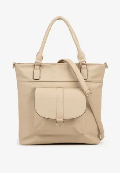Beżowa Torebka Typu Shopper z Ozdobną Kieszenią i Paskiem Crossbody Frocelle