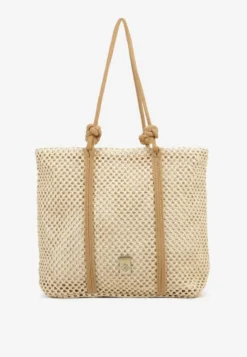 Beżowa Torebka Typu Shopper z Plecionki Reviane
