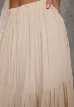 Beżowa Wiskozowa Spódnica High Waist z Gumką w Talii i Falbanką Christiara