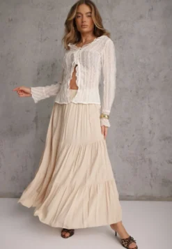 Beżowa Wiskozowa Spódnica High Waist z Gumką w Talii i Falbanką Christiara