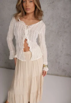 Beżowa Wiskozowa Spódnica High Waist z Gumką w Talii i Falbanką Christiara