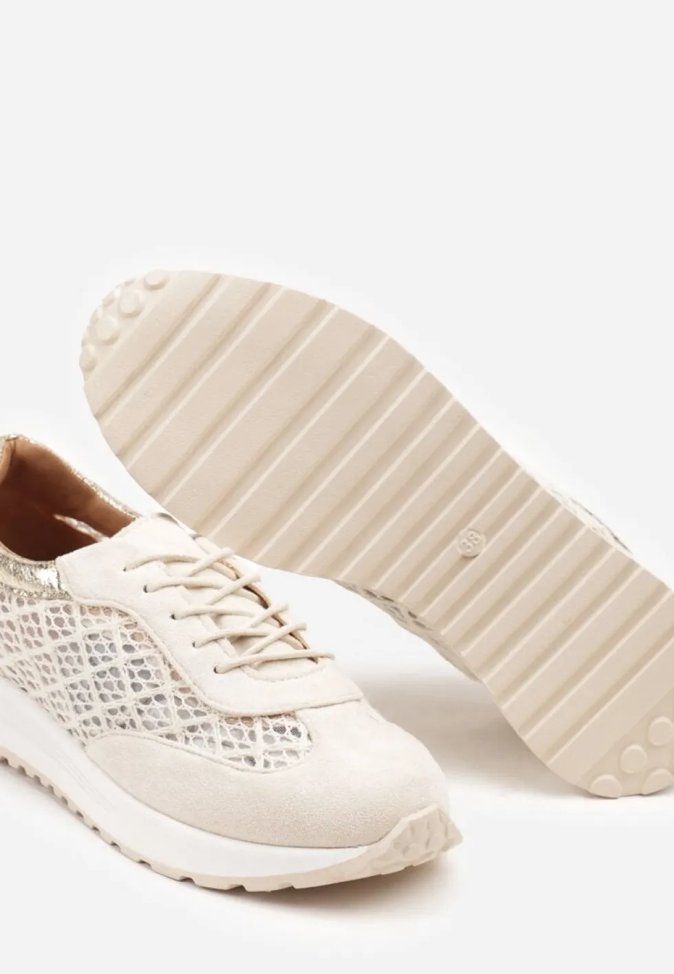 Beżowe Ażurowe Sneakersy na Podeszwie z Metaliczną Wstawką Neomira