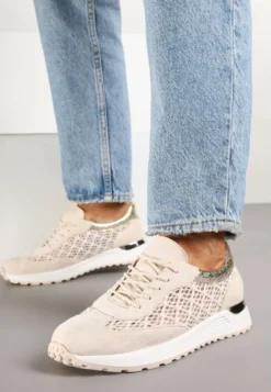 Beżowe Ażurowe Sneakersy na Podeszwie z Metaliczną Wstawką Neomira