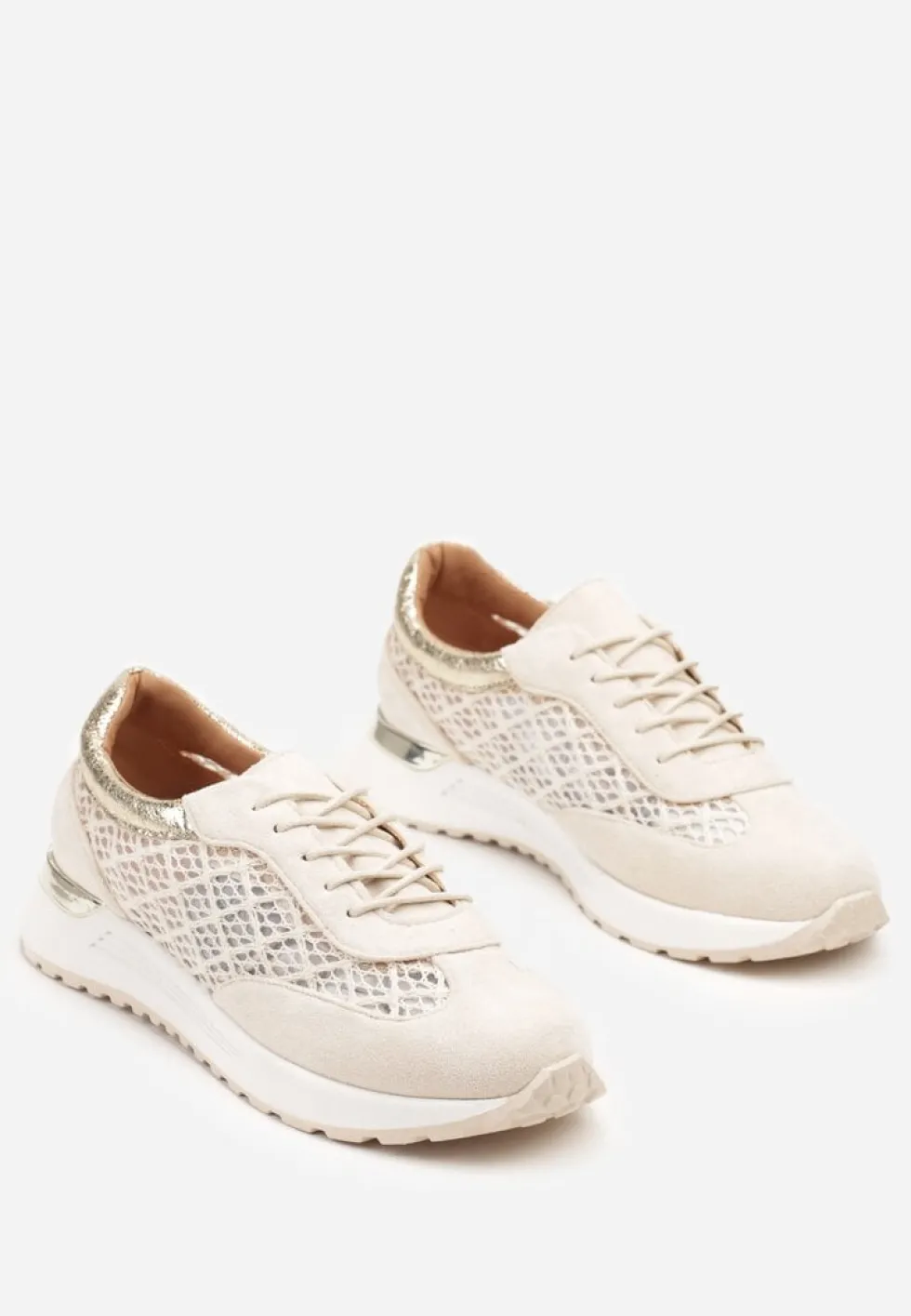 Beżowe Ażurowe Sneakersy na Podeszwie z Metaliczną Wstawką Neomira
