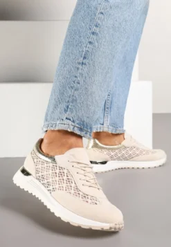 Beżowe Ażurowe Sneakersy na Podeszwie z Metaliczną Wstawką Neomira