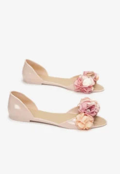 Beżowe Balerinki Meliski Peep Toe z Kwiatową Aplikacją Idalina