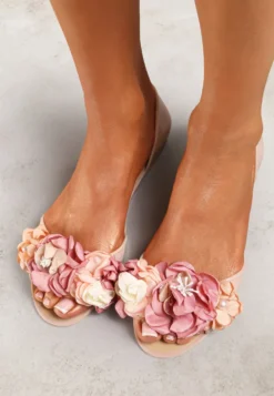 Beżowe Balerinki Meliski Peep Toe z Kwiatową Aplikacją Idalina