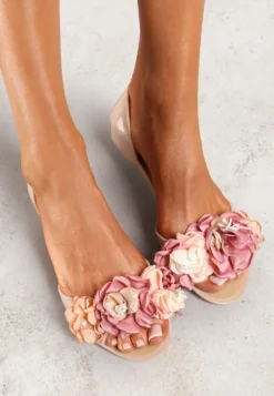 Beżowe Balerinki Meliski Peep Toe z Kwiatową Aplikacją Idalina