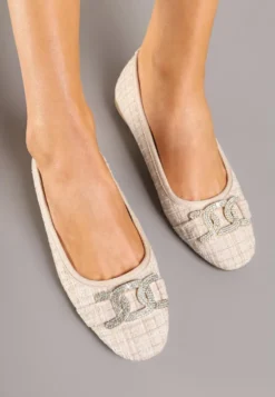 Beżowe Balerinki Tweedowe Ozdobione Cyrkoniami Nuritta