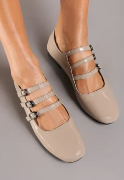 Beżowe Balerinki z Wkładką ze Skóry Naturalnej z Eleganckimi Paseczkami i Sprzączkami Vaivonne