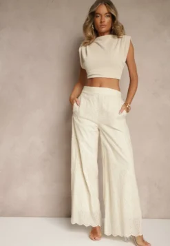 Beżowe Bawełniane Haftowane Spodnie High Waist o Szerokim Kroju Milirelia