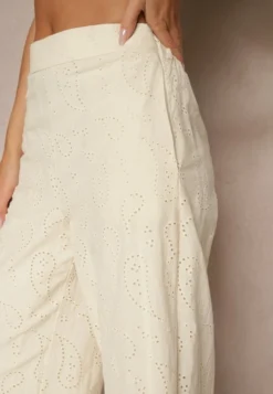 Beżowe Bawełniane Haftowane Spodnie High Waist o Szerokim Kroju Milirelia