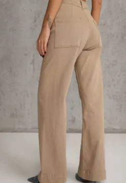 Beżowe Bawełniane Jeansy High Waist Wide Leg z Pionowymi Przeszyciami Ethemithea