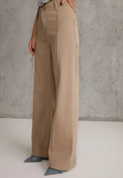 Beżowe Bawełniane Jeansy High Waist Wide Leg z Pionowymi Przeszyciami Ethemithea