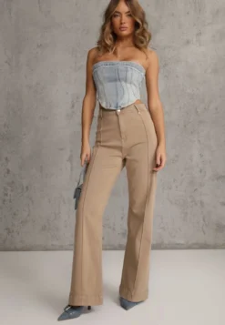 Beżowe Bawełniane Jeansy High Waist Wide Leg z Pionowymi Przeszyciami Ethemithea