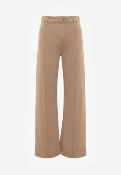 Beżowe Bawełniane Jeansy High Waist Wide Leg z Pionowymi Przeszyciami Ethemithea