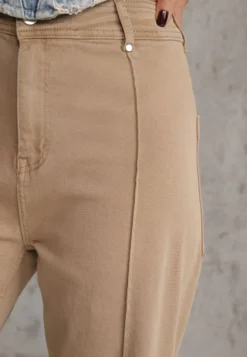 Beżowe Bawełniane Jeansy High Waist Wide Leg z Pionowymi Przeszyciami Ethemithea