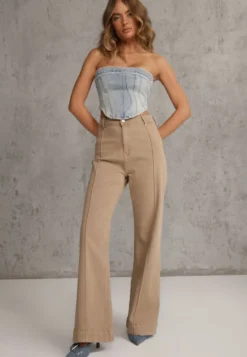 Beżowe Bawełniane Jeansy High Waist Wide Leg z Pionowymi Przeszyciami Ethemithea