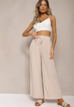 Beżowe Bawełniane Szerokie Spodnie Kuloty High Waist z Gumką w Talii Evitaes
