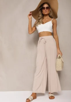 Beżowe Bawełniane Szerokie Spodnie Kuloty High Waist z Gumką w Talii Evitaes
