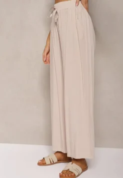 Beżowe Bawełniane Szerokie Spodnie Kuloty High Waist z Gumką w Talii Evitaes