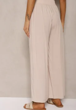 Beżowe Bawełniane Szerokie Spodnie Kuloty High Waist z Gumką w Talii Evitaes