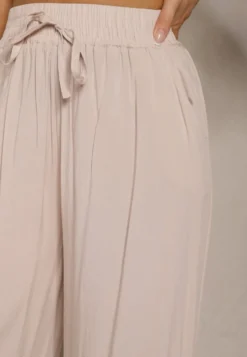 Beżowe Bawełniane Szerokie Spodnie Kuloty High Waist z Gumką w Talii Evitaes
