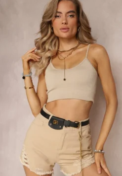 Beżowe Bawełniane Szorty High Waist z Paskiem z Odpinanym Łańcuszkiem Priseis