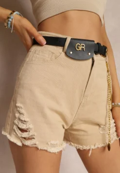 Beżowe Bawełniane Szorty High Waist z Paskiem z Odpinanym Łańcuszkiem Priseis