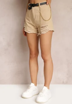 Beżowe Bawełniane Szorty High Waist z Paskiem z Odpinanym Łańcuszkiem Priseis