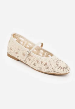 Beżowe Boho Balerinki VICES w Stylu Mary Jane z Ażurową Cholewką Lainia