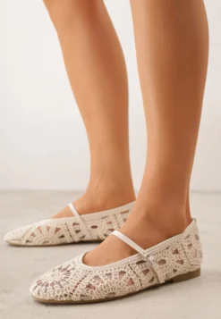 Beżowe Boho Balerinki VICES w Stylu Mary Jane z Ażurową Cholewką Lainia