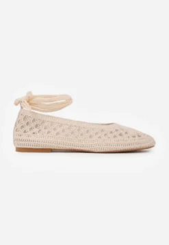 Beżowe Boho Balerinki VICES z Szydełkową Cholewką i Wiązaniem Wokół Kostki Arriria