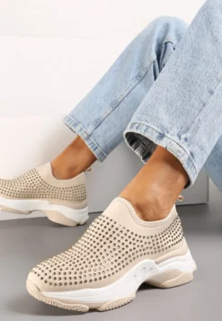 Beżowe Buty Sportowe na Grubej Podeszwie w Cyrkonie Elerene
