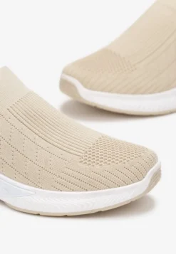 Beżowe Buty Sportowe na Tłoczonej Podeszwie z Elastyczną Cholewką Taiden