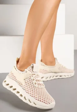 Beżowe Buty Sportowe Sneakersy Siateczkowe na Tłoczonej Platformie Lurilia