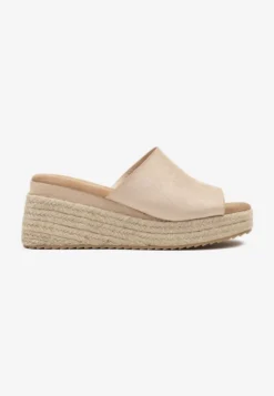 Beżowe Casualowe Klapki na Koturnie w Stylu Boho Krissta