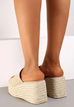 Beżowe Casualowe Klapki w Stylu Boho na Koturnie z Plecionką Neltara