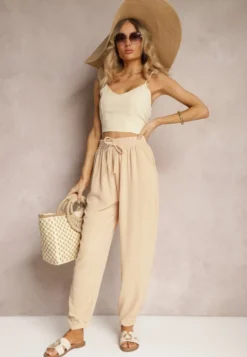 Beżowe Casualowe Spodnie High Waist Wykończone Gumką w Pasie Dimrue
